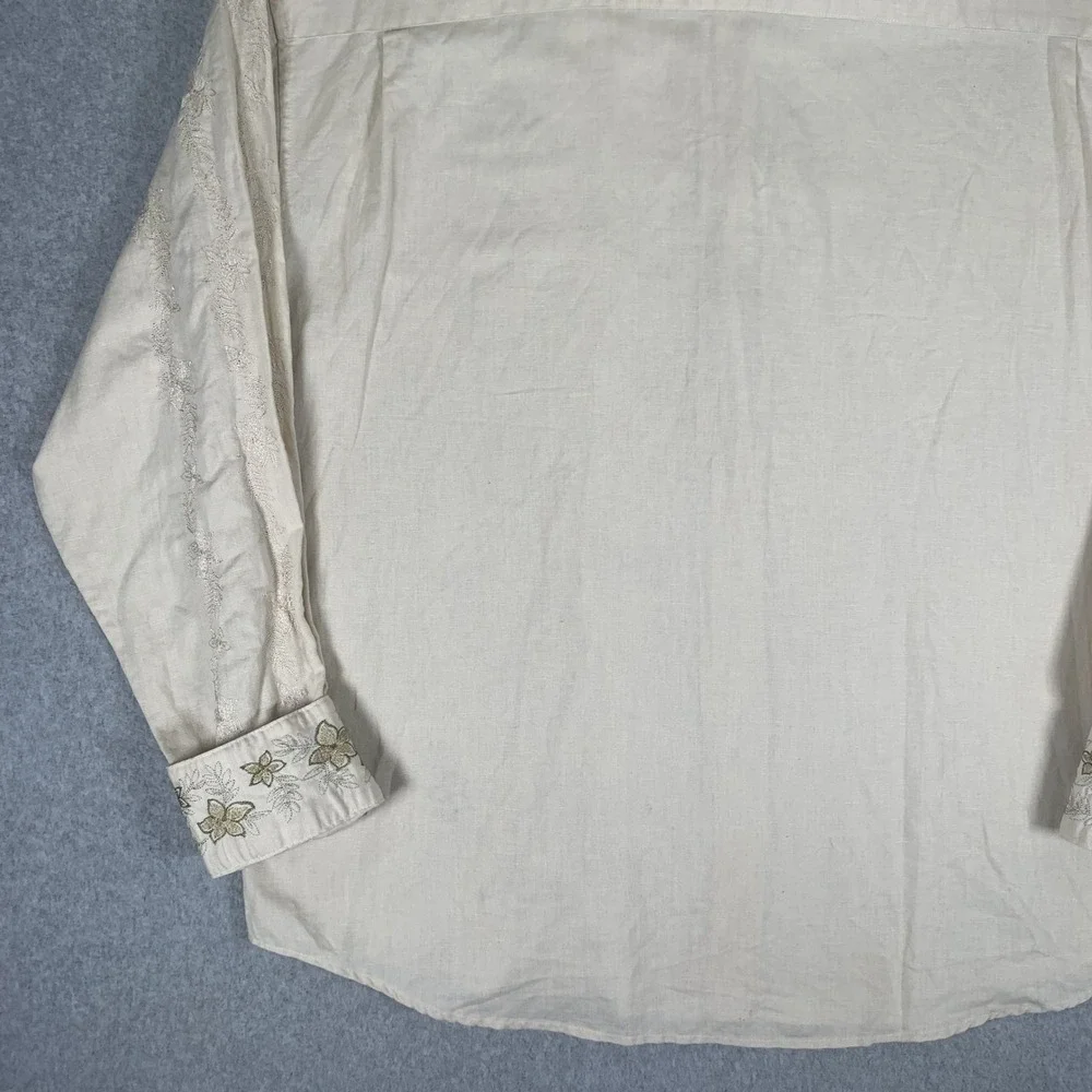 Bamboo Cay Button Down Shirt Mens XL Cream Linen Cotton Floral Embroidered